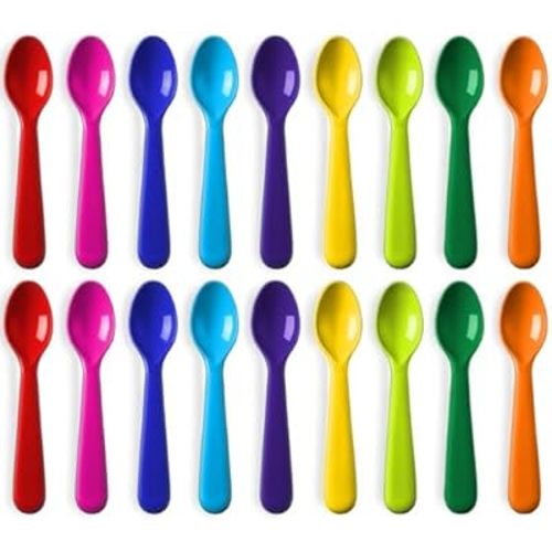 Plastic Kids Spoon Set of 18 - BPA Free, Dishwasher Safe Reusable Children's Cutlery - Brightly Colored Toddler Flatware Set