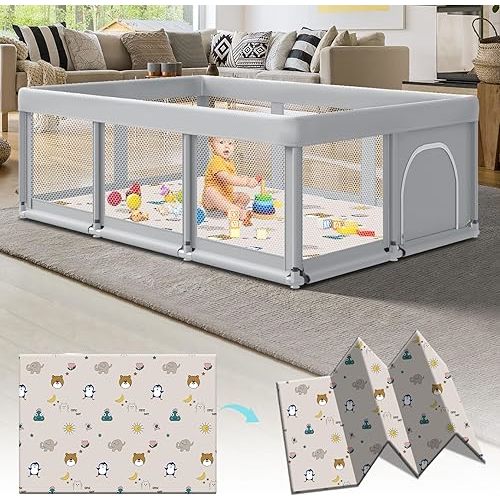 74" ×50" Large Baby Playpen, Baby Playard for Babies and Toddlers, Play Pens for Indoor & Outdoor, Sturdy Safety Play Yard with Soft Breathable Mesh, Anti-Fall, Grey (with MAT)