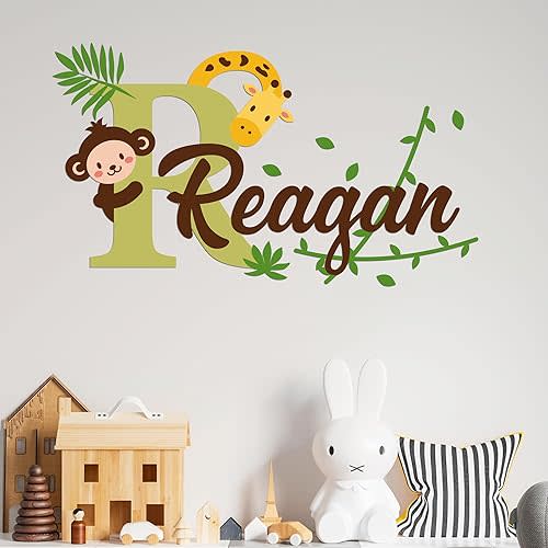 e-Graphic Design Inc Personalized Monkey & Giraffe Wall Stickers for Baby Girl or Boy I Custom Name & Initial for Nursery Wall Decor I Multiple Sizes and Colors Options (Wide 32" x 18" Height)