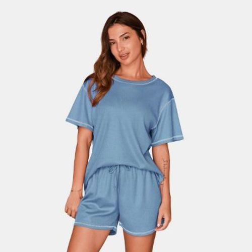Women's Cozy Ribbed Knit Loungewear Set - Cupshe-L-Blue