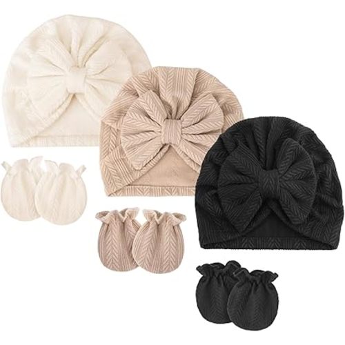 Newborn Baby Bow Hats and Mittens Hospital Hat Beanie Infant Caps Baby Cotton No Scratch Mittens for 0-12 Months