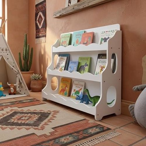 Kids Bookshelf Wooden Montessori Book Shelf Dutch Design 3Tier Scalloped,SnowfallWhite