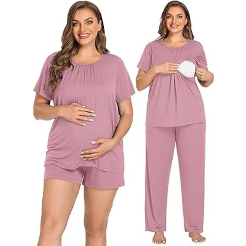 SWOMOG Women 3Pcs Maternity Pajama Set Nursing Pjs Pregnancy Set Breastfeeding Pjs Double Layer with Pockets