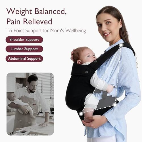 Momcozy Baby Carrier - Ergonomic, Cozy and Lightweight Carrier for 3-24 Months, Effortless to Put On, Ideal for Hands-Free Parenting, Enhanced Lumbar Support, Purehug for Infant to Toddler, Black