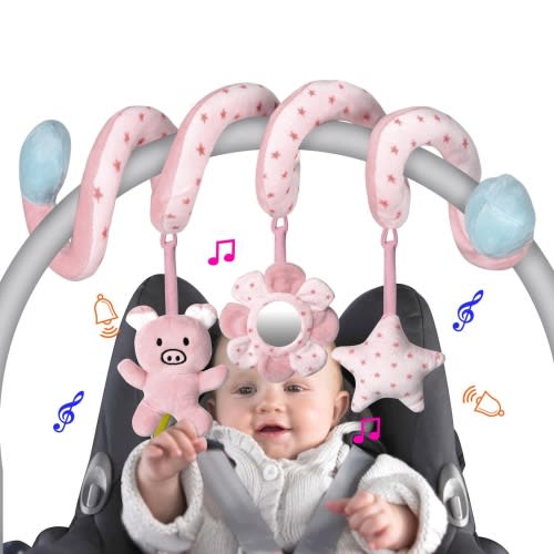 Car Seat Toys, Infant Baby Spiral Activity Hanging Toys Stroller Toys for Car Seat Stroller Bar Crib Bassinet Mobile with BB Squeaker and Rattles (Bee)