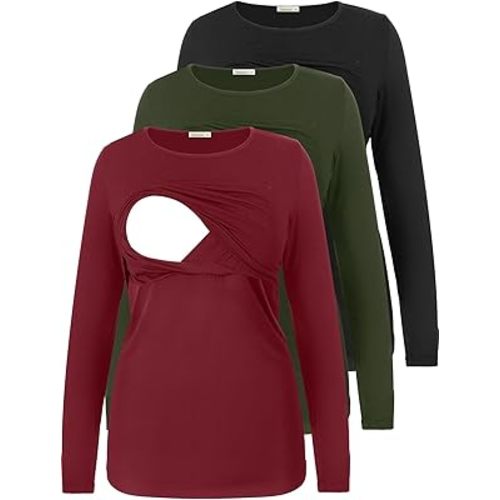 Women's Nursing Tops Long Sleeve Maternity Clothes Breastfeeding Shirts 3 Pack Pregnancy Clothes