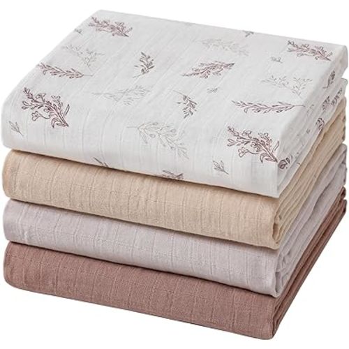 Muslin Swaddle Blankets for Boys and Girls, Soft Cotton Baby Swaddle Blankets for Unisex, 47 X 47 inches Muslin Swaddles, 4 Pack Leaves & Warmth Colors
