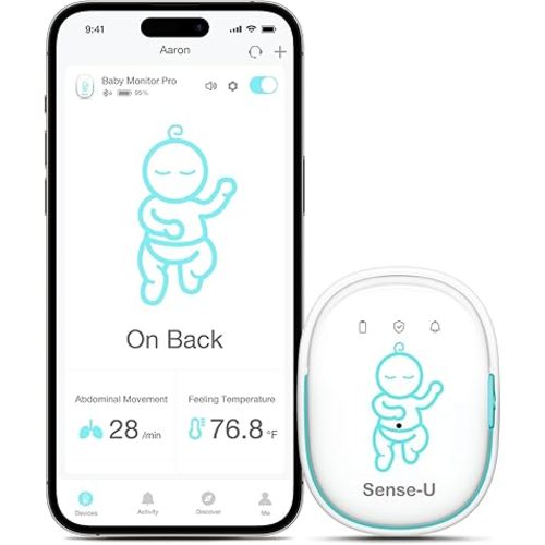 Sense-U Pro Baby Movement Monitor with Arousal Vibration, Movement/Rollover/Overheating Alerts, Audible & App Notifications, Easy Clip-On Design, Smart Sleep Monitor, FSA/HSA Eligible