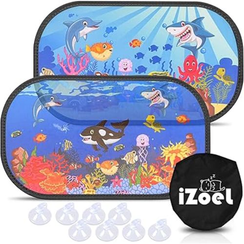MOVINPE Car Sun Shade for Baby Kids 2 Pack Static Cling Side Window Car 80GSM Rear Sunshades Universal with 8 Suction Cups and Storage Bag - Sun Glare and UV Rays Protection (Undersea Animals)
