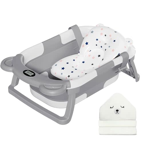 MoreFeel Collapsible Baby Bathtub for Newborn with Thermometer & 1 Hooded Towel & 1 Soft Floating Cushion,Portable Travel Bathtub with Drain Hole, Durable Foldable Baby Tubs for Infants to Toddler
