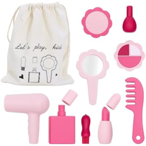 Silicone Pretend Play Makeup Set for Kids – Pink Little Girls Beauty Kit, Washable Kids Play Hair Salon Playset for Birthday and Christmas, Beauty Salon Set with Bag for Children and Toddlers