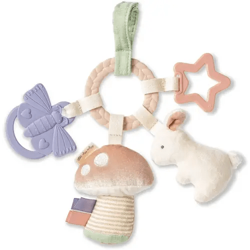 Itzy Ritzy Teething Activity Toy - Bitzy Busy Ring Features Braided Teething Ring and Dangling Toys; Includes Teether, Textured Ribbons, Crinkle Sound & Jingle Bell, Bunny RNG8497