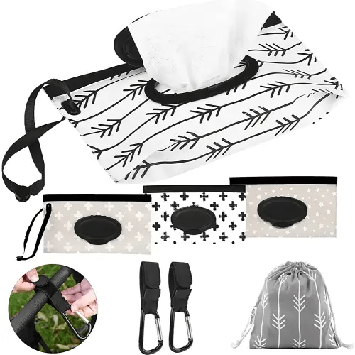 Portable Wipes container & baby wipes holder 4 -Pc set: Convenient Reusable Wipes Pouch & Travel Wipes Case for On-the-Go Care Refillable Dispenser Includes 2 Stroller Hooks & Bag Gift set