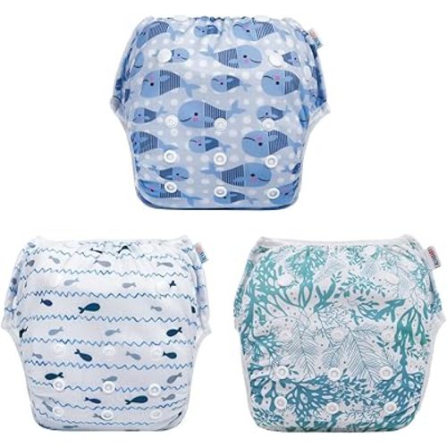 ALVABABY 3pcs Swim Diapers Baby & Toddler Snap Super Soft Reusable Adjustable Swim Diapers for Swim Classes 3SWY02T