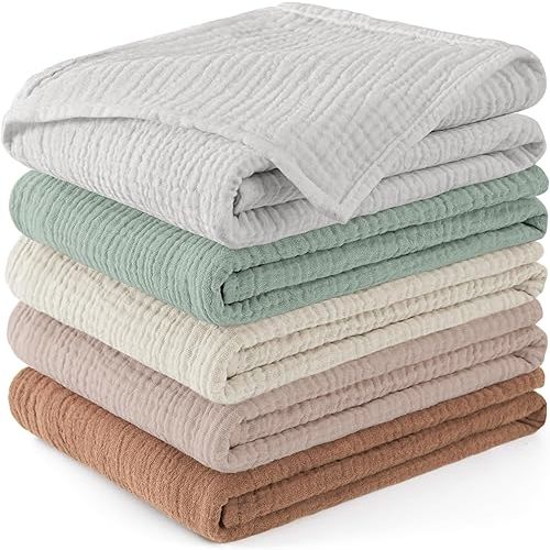 Susurration Muslin Baby Washcloths 23x23inch, Large Ultra-Absorbent 100% Cotton Baby Bath Wash Cloth Burp Cloth Soft Breathable Baby Face Towel for Newborn Baby Boy and Girl, 5Pack (Neutral)