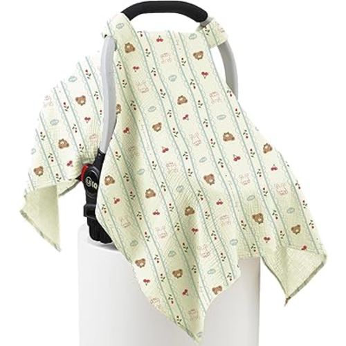 100% Muslin Cotton Car Seat Cover Baby, Carseat Canopy Cover, Universal Fit Stroller Covers for Boys and Girls (Nice Day)
