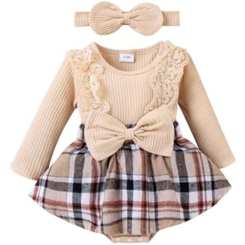 Baby Girl Clothes Fall Winter Outfit Plaid Romper Long Sleeve Dress Lace Ruffles Bodysuit with Bow Headband