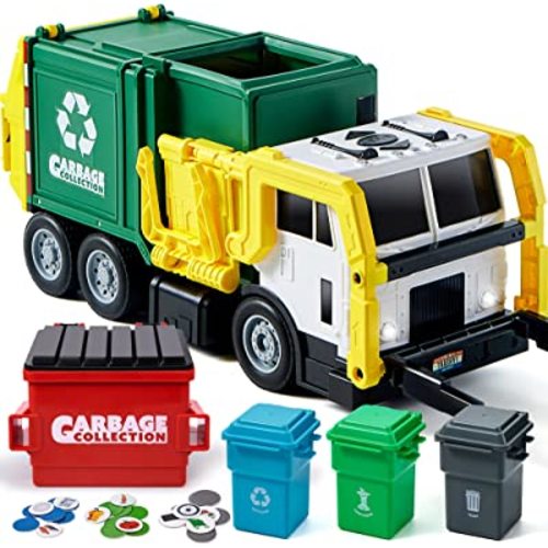 JOYIN Large Friction Powered Garbage Truck Toy Set, Includes Dumpster, Trash Bins, and Learning Cards for Kids, Boy Toys Birthday Gift for Boys Girls Kids Toddler