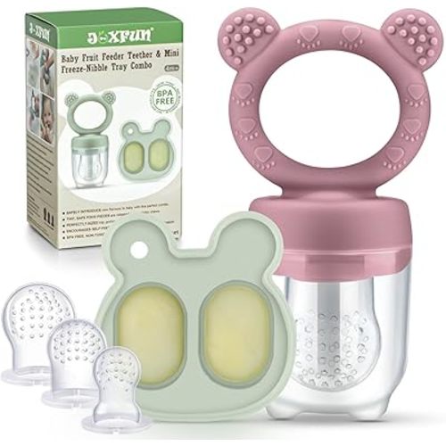 Baby Fruit Food Feeder Pacifier & Mini Freezer Nibble Tray Combo, Breastmilk Popsicle Molds for Cooling Relief, BPA Free Silicone Feeder to Safely Introduce New Foods, Double as Teething Toys