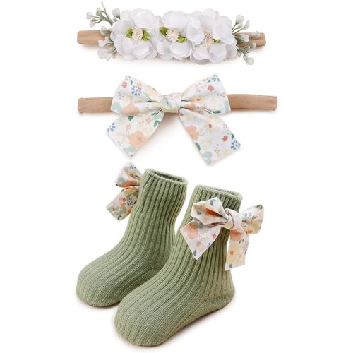 cherrboll Baby Girl Headbands and Socks Set, 3Pcs Soft Floral Hairbands Hair Bows Knit Socks for Newborn Infants Toddlers Photography Props Gifts