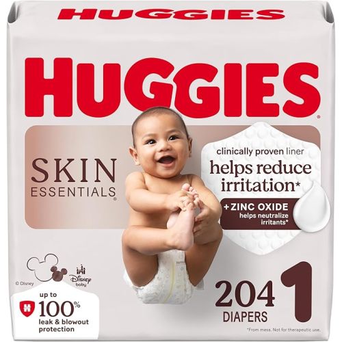 Huggies Size 1 Diapers, Skin Essentials Baby Diapers, Size 1 (8-14 lbs), 204 Count (3 Packs of 68), Packaging May Vary