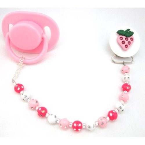 Pink Strawberry Pacifier clip with Matching Mini Beads