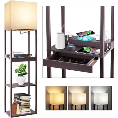 RUNTOP Floor Lamp with Shelves, Modern Standing Lamp with Wireless Charger, 1 Drawer and 2 USB Ports & 2 Power Outlet, 15W LED Bulb 3 Colors, Memory Function, Shelf Lamp for Living Room and Bedroom