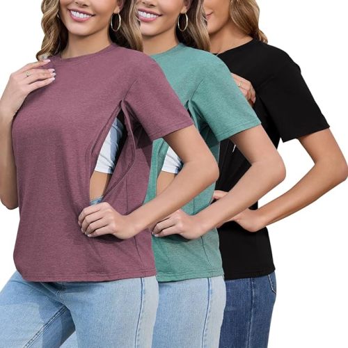 Ecavus Women's 3-Pack Nursing Shirts for Breastfeeding with Hidden Zippers Loose Fit Maternity Tops