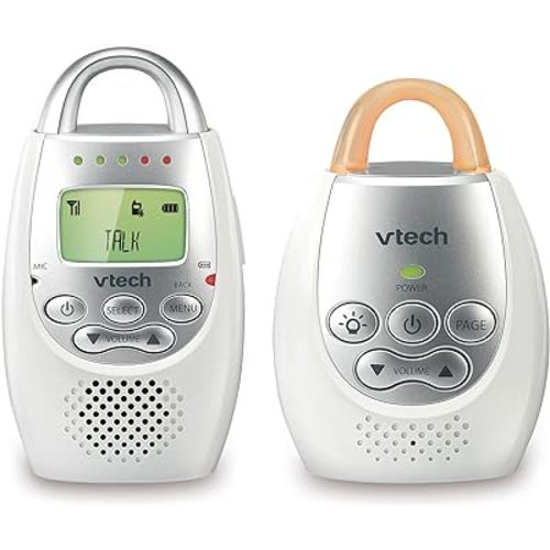 VTech DM221 Audio Baby Monitor with up to 1,000 ft of Range, Vibrating Sound-Alert, Talk Back Intercom & Night Light Loop, White/Silver