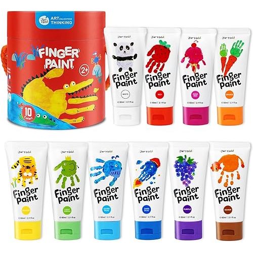 Jar Melo Washable Finger Paints for Toddlers, 10 Colors Large Capacity (2.1fl oz), Non Toxic Baby Paint for Hand and Feet, Safe Art Supplies, Preschool Learning Gifts for Kids Age 2+
