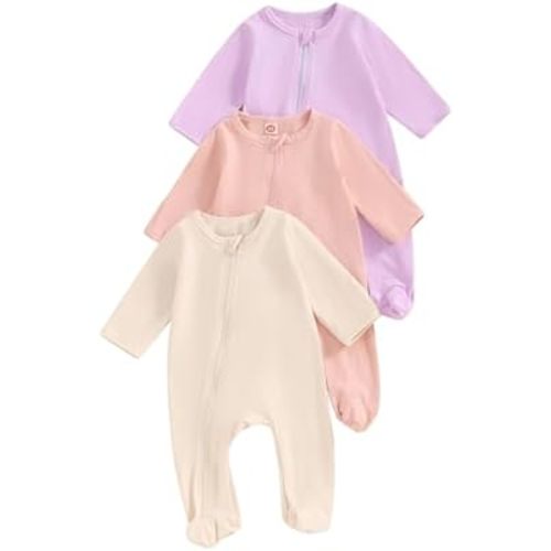 woshilaocai 3 Pack Baby Footie Sleepers for Boy Girl Zipper One-Piece Pajamas Long Sleeve Infant Romper