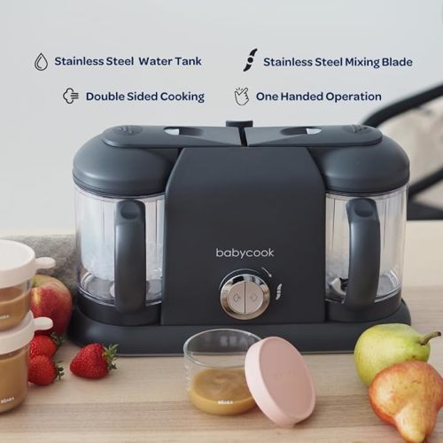 BEABA Babycook Duo 4 in 1 Baby Food Maker, Baby Food Processor, Baby Food Blender, Baby Food Steamer, Make Fresh Homemade Baby Food at Home, 9.1 Cup Capacity, Makes 54 Servings in 20 Mins, Charcoal