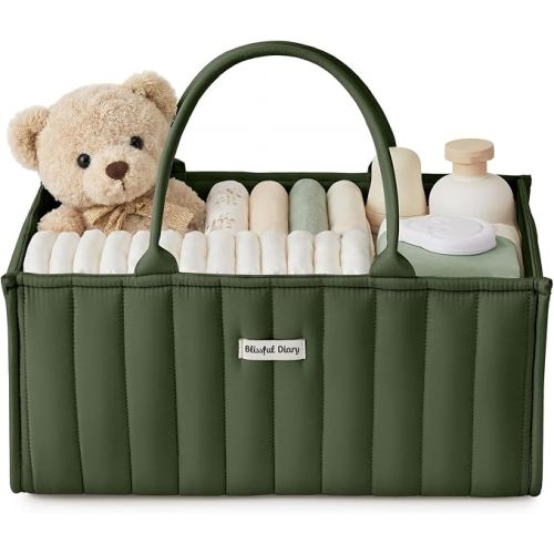 Blissful Diary Baby Diaper Caddy Organizer, Stylish Storage Basket for Newborn Essentials and Diaper Station, Gift for Baby Shower and Registry Must-Have, Deep Green