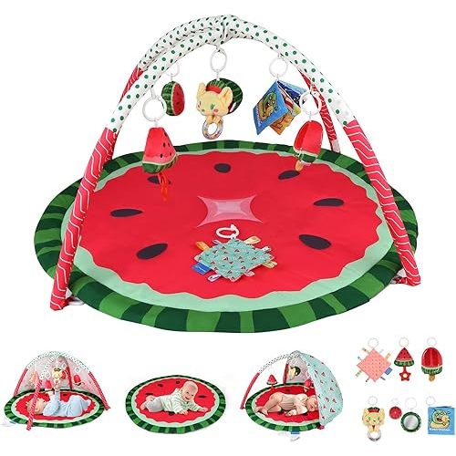 Tummy Time Mat, 9-in-1 Watermelon Baby Play Gym Mat, Oversize Baby Play Activity Mats with Sunshade & 6 Detachable Sensory Toys, Washable Non-Slip Mat for Newborn Infant Essentials Gift