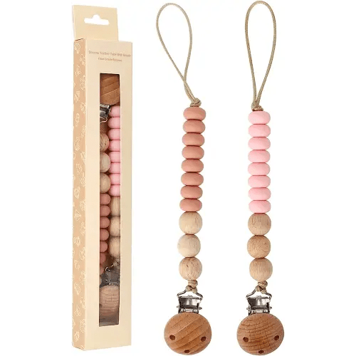 2 Pack Pacifier Holder Clips for Binky & Teether, Silicone Baby Pacifier Clip for Baby Girls(Muted, Pink)