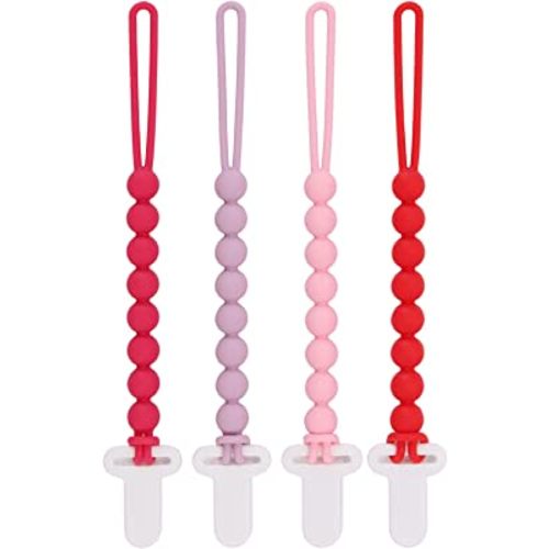 4-Pack Silicone Pacifier Clips with One-Piece Beads for Baby Boys and Girls - Flexible and Rust-Free Holders for Teething Relief and Baby Essentials, Safe for Newborns (Pink)