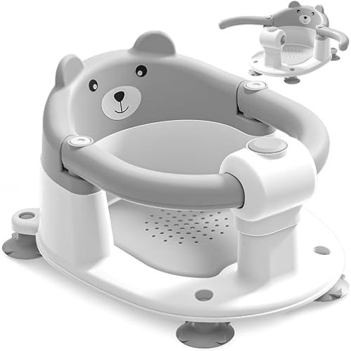 Baby Bath Seat for Babies 6 Months & up, Non-Slip Toddler Bath Seats for Babies Sitting Up, Safe Infant & Newborn Bathtub Chair with 4 Suction Cups & Soft Cushion for Shower,Gray
