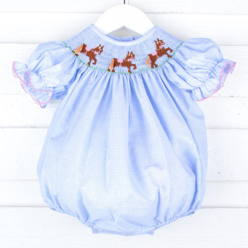 Horse Smocked Light Blue Gingham Bubble 9 or 18 months