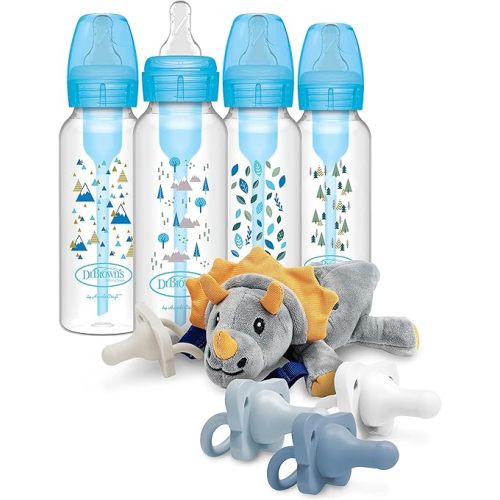 Dr. Brown’s Natural Flow® Anti-Colic Options+™ Narrow Baby Bottles 8 oz/250 mL, Blue Nature 4 Pack, with HappyPaci Pacifiers and Lovey Holder, Triceratops - Triceratops, Blue