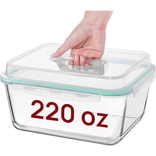 Vtopmart 6.5L/ 220oz/ 27.5cup Extra Large Glass Food Storage Containers with Snap Airtight Lids for Roasting Turkey, Chicken, Baking Casserole, Fruits, Party, BPA Free, Oven Safe, Freezer, Dishwasher