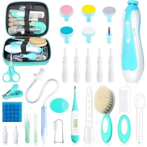 Baby Healthcare and Grooming Kit, 30 in 1 Portable Baby Essentials Kit Electric Nail Trimmer Set with Gas Relief Hair Brush Comb Nasal Aspirator for Newborn Boys Girls (Green)