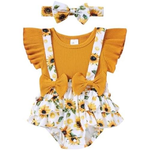 UNICOMIDEA Baby Girls Clothes 0-18 Months Bodysuit Ruffle Sleeve Newborn Outfit Romper with Headband