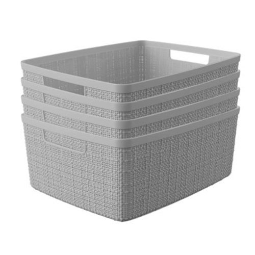 Curver Jute Basket Medium, Resin Plastic Storage Bin, Cool Grey, 4 Pack