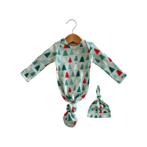 Organic Waffle Knotted Gown & Hat Set, Festive Firs