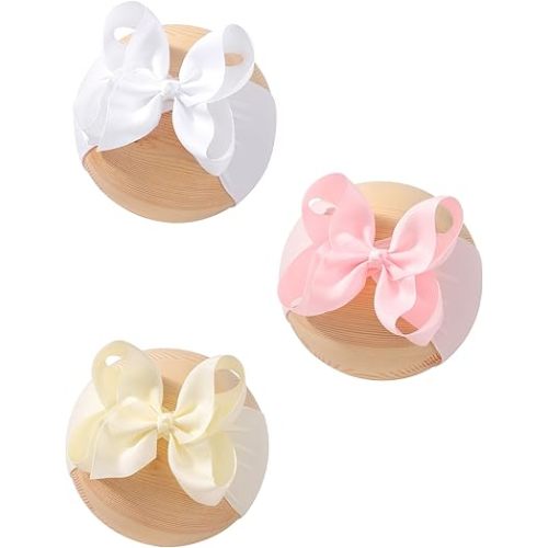 doboi 3PCS Baby Girl Bows Headbands Nylon Hairbands with Ribbon Bow Fine Handmade Elastic Baby Hair Bows Headbands for Baby Girls Newborns Infants Toddlers and Kids