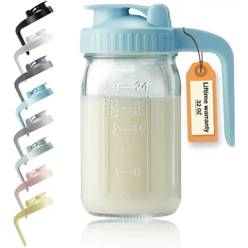 32oz Glass Pitcher with Lid & V-shaped Pour Spout - 1 Quart Breastmilk Pitcher Double Leak Proof, Creamer Container for Sun Tea, Juice, Cold Brew Coffee, Breastmilk Storage Container