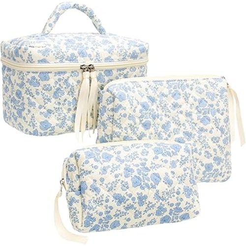 3 Piece Quilted Makeup Bag Set for Women,Cosmetic&Toiletry Bag,Flower Blue