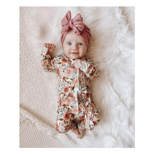 Harp Angel Boutique Bamboo Ruffle Zipper One Piece Romper in Dusty Pink Floral