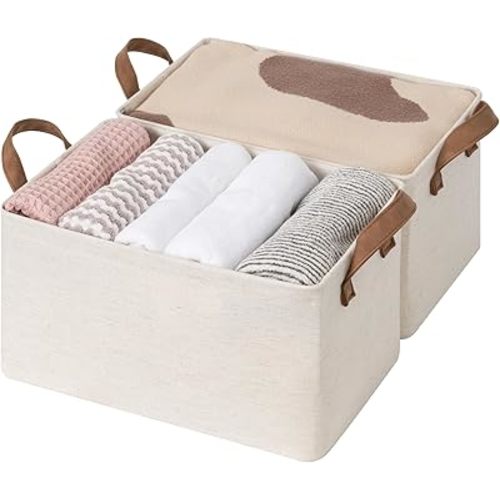 StorageWorks Storage Bins, Shelves Baskets for Organizing, Fabric Closet Organizers with Handles, Metal Frame, Beige（Cotton-linen）, 2-Pack
