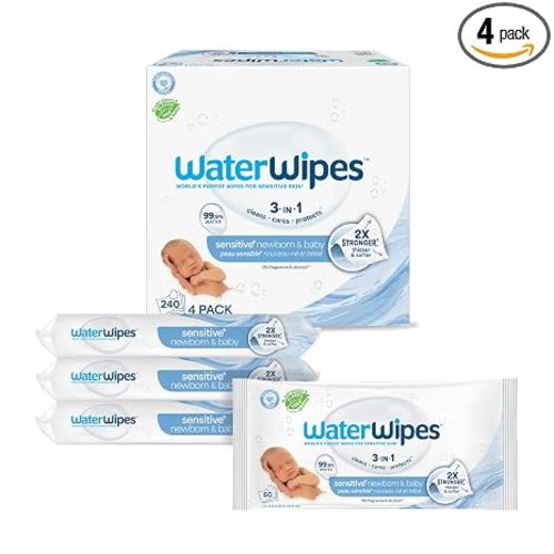 WaterWipes Sensitive+ Newborn & Baby Wipes, 3-In-1 Cleans, Cares, Protects, 99.9% Water, Unscented & Hypoallergenic, 240 Count (4 Packs)
